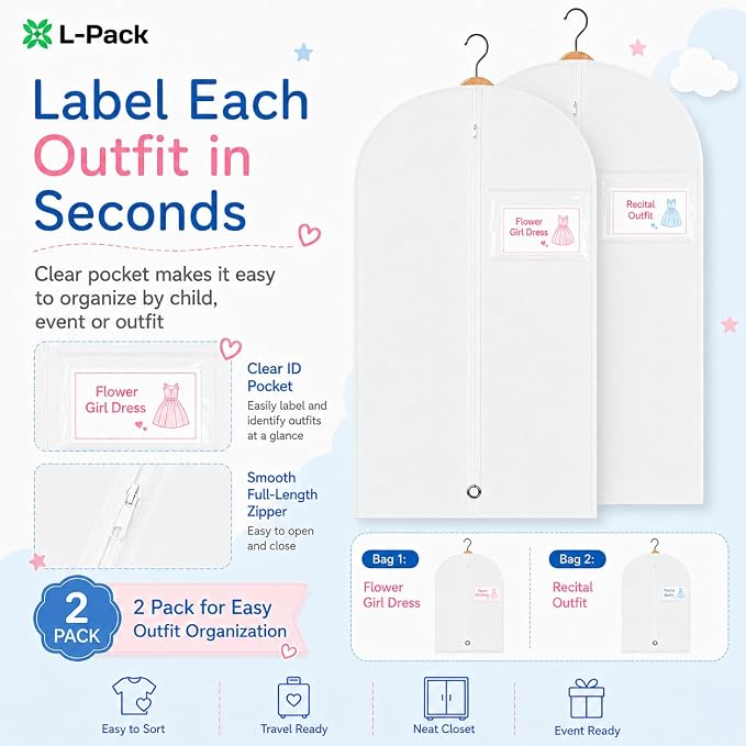 Kids Garment Bag with Clear Window, Hanging Clothes Storage Cover for Dresses, Suits & Dance Costumes, Breathable Travel Bag for Baby Toddler Child, 30" x 18", White, Pack of 2
