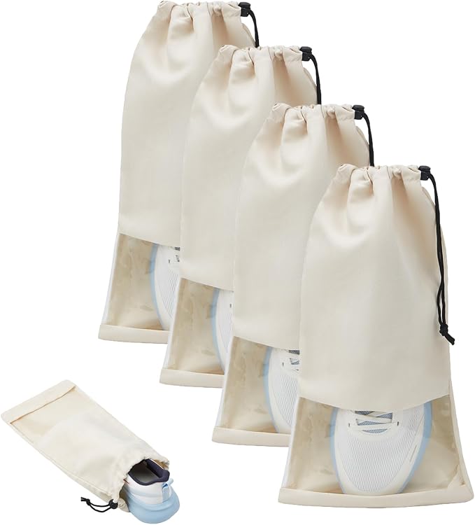4 Pcs Single Shoe Bags for Travel, 9.1"x17.7" Drawstring Shoe Travel Bags with Clear TPU Window, Travel Organizer for Suitcase (Beige)
