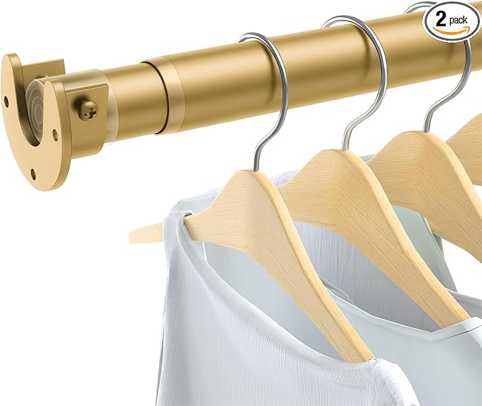 2 Pack Closet Rods for Hanging Clothes, 17 to 28 Inch Heavy Duty Stepless Adjustable Closet Hanging Rod, 1.3 Inch Diameter Metal Closet Rod for Wardrobes Laundry Bedroom RV, Gold
