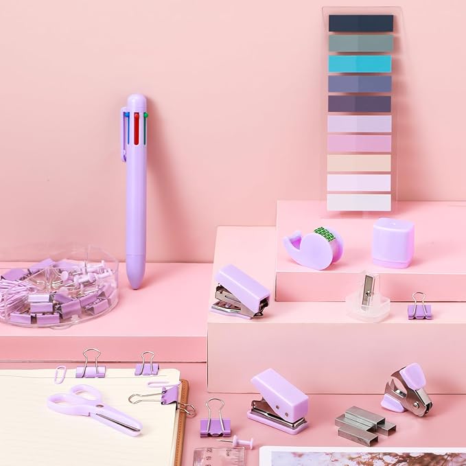 Mini Office Supplies, Purple School Supplies with Sticky Notes,Mini Stapler,Tape Dispenser,Hole Punch,Staple Remover,Staples,Clips,Scissor,Pen (Purple)