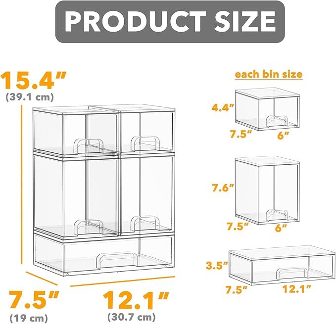 SpaceAid Bottle Storage Organizer Baby - Acrylic Bottles Station Organizer Container, Stackable Clear Drawers for Countertop, Vanity, Bathroom, Cabinet, Pantry Organization, 5 Pack, 2S2M1L, 15.4"H