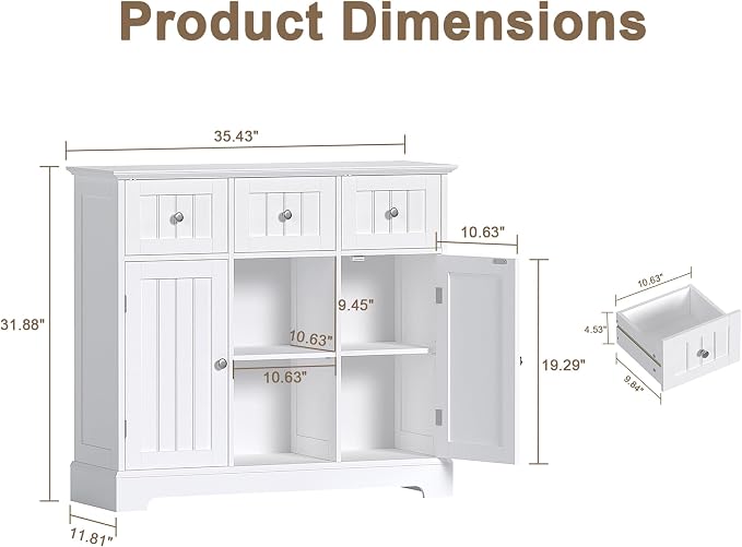 ChooChoo 35.4" Coffee Bar Cabinet with 3 Drawers and 2 Doors, White | Buffet Cabinet with Adjustable Shelves, Storage Cabinet for Compact Kitchens, Dining rooms and Living rooms