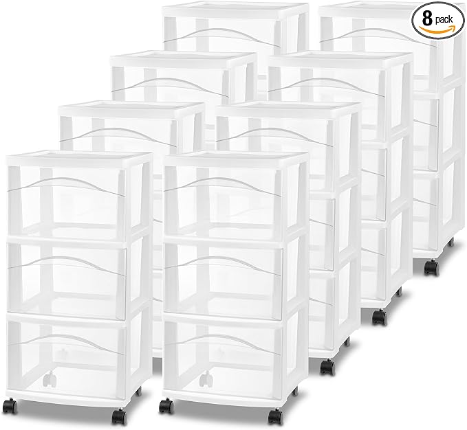 Sterilite 8 Pack 3 Drawer Storage Cart, Plastic Medium Organizer with Wheels, White - Multipurpose Bin for Crafts, Accessories, or Office Supplies