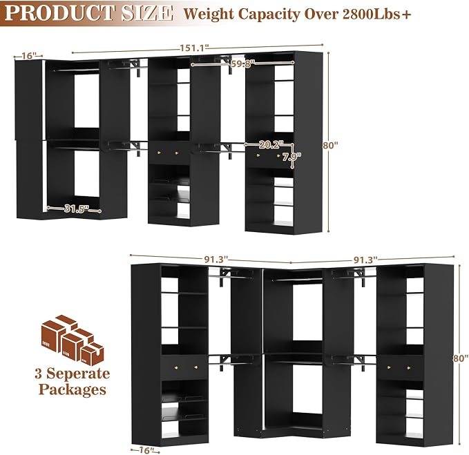 Armocity Closet System Set of 3 - Corner Closet Organizer System with 2 Drawers/16 Shelves/6 Hanging Rods, 151.1" L-Shaped Walk-In Wardrobe Organizer, 2800+ lbs Capacity, Black