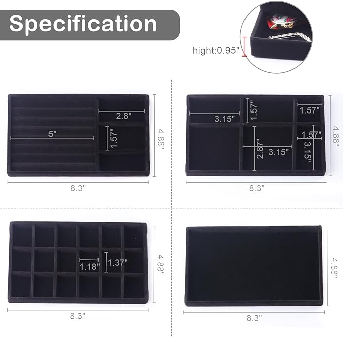 Jewelry Trays,Velvet Stackable Organizer Trays,Drawer Inserts Jewelry Display Case For Rings Stud Necklaces Earring Organizer Tray for Women Girls-8 Pack (Black)