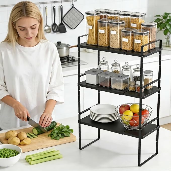 Expandable Cabinet Shelf Organizer, Stackable Kitchen Pantry Counter Storage, Adjustable Cupboard Stand Rack Risers Spice Organization Heavy Duty Black Small 3 Pack