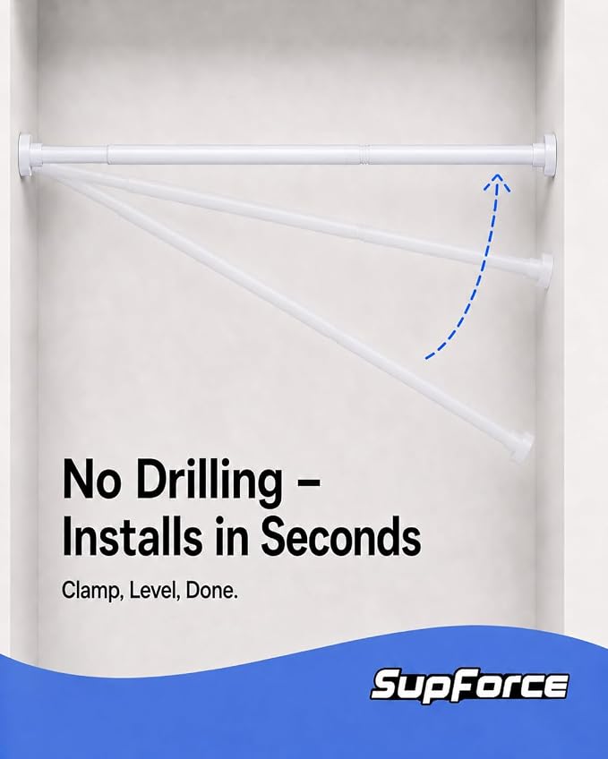 No Drilling Closet Rods for Hanging Clothes, Non Slip Tension Rod with Heavy Duty Clothes Hanging Rod, 17-84 Inches Adjustable Spring Closet Rod for Closet Wardrobe Bathroom Laundry RV, White