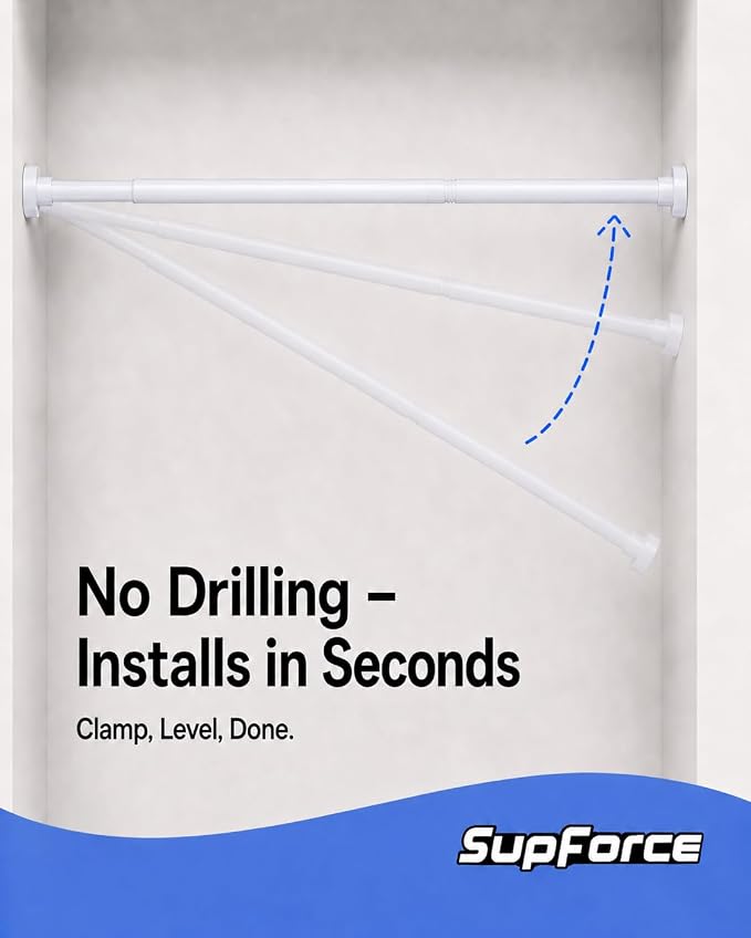 No Drilling Closet Rods for Hanging Clothes, Non Slip Tension Rod with Heavy Duty Clothes Hanging Rod, 17-99 Inches Adjustable Spring Closet Rod for Closet Wardrobe Bathroom Laundry RV, White