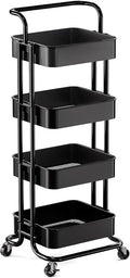 Pipishell 4 Tier Mesh Utility Cart, Rolling Metal Organization Cart with Handle and Lockable Wheels, Multifunctional Storage Shelves for Kitchen Living Room Office White, PIUC12B
