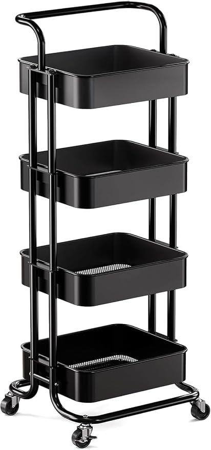 Pipishell 4 Tier Mesh Utility Cart, Rolling Metal Organization Cart with Handle and Lockable Wheels, Multifunctional Storage Shelves for Kitchen Living Room Office White, PIUC12B