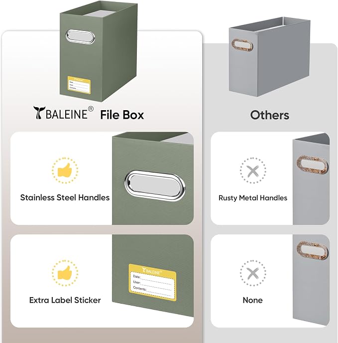 BALEINE File Organizer Box, Cardboard File Folder Organizer with Handle for Letter Size, Portable Collapsible Hanging Filing Box for Home Office Document Storage (4 Pack,Olive)