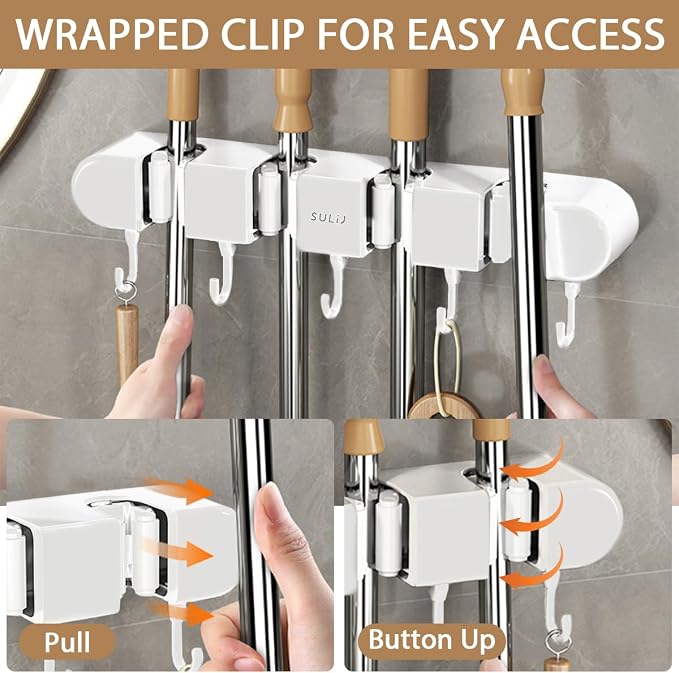 2Pcs Broom Holder Wall Mount, No-Drilling Self-Adhesive Mop and Broom Storage Rack with Hooks (4 Racks with 5 Hooks), Wall-Mounted Broom Hanger for Bathroom, Kitchen, Closet, Garage (White ﻿)