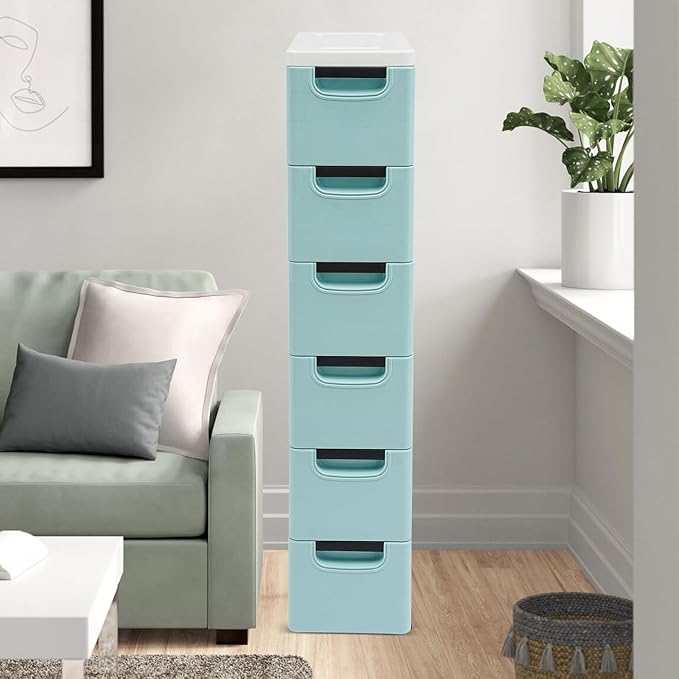 6 Drawers Narrow Storage Cabinet, Stackable Plastic Storage Tower Slim Utility Organizer for Kitchen Bathroom Living Room Office (Blue)