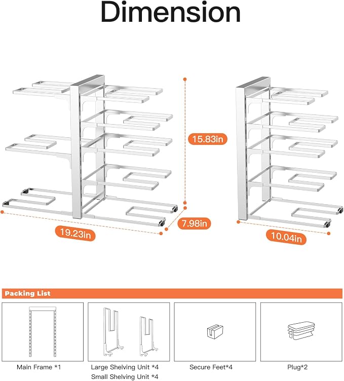 ORDORA Pots and Pans Organizer Rack for Cabinet, 15.83" Height 8-Tier Heavy Duty 120LBS Pot Pan Organizer under Cabinet Adjustable for Cast-iron Pan, Heavy Skillets Griddles, Shallow Pot, Silver