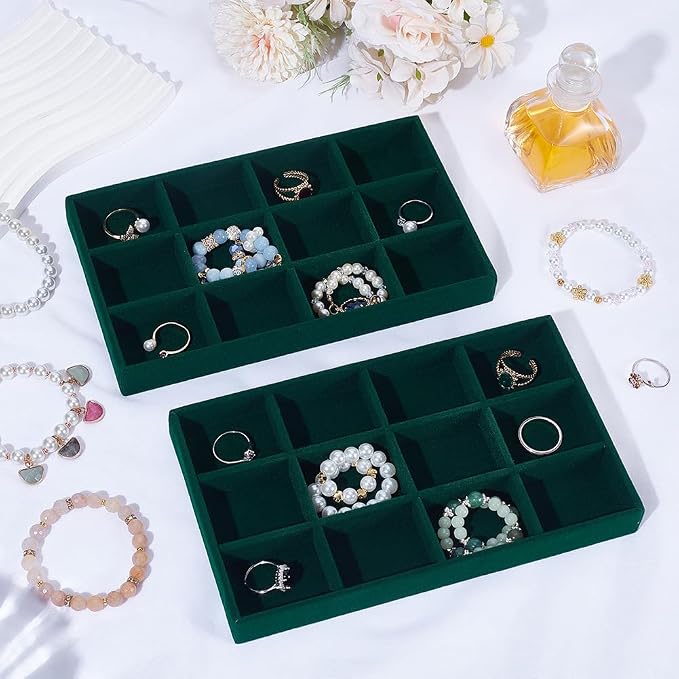2Pcs Velvet Jewelry Display Trays Stackable Jewelry Organizer Tray Green Bulk 12 Girds Stylish Organizer Trays for Ring Earring Holder Necklace Bracelet Storage Display Dish Women Adults