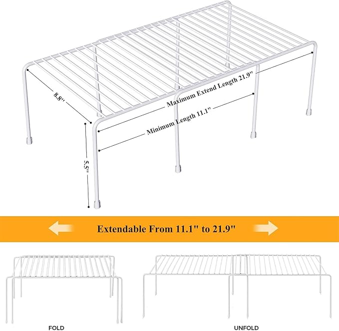 Orgneas Expandable Cabinet Shelf Organizer, Rustproof Metal Shelf Riser Kitchen Counter Storage Organizer Rack for Fridge, Cabinet, Pantry and Bathroom with Scratch Resistant Feet, 2 Sets