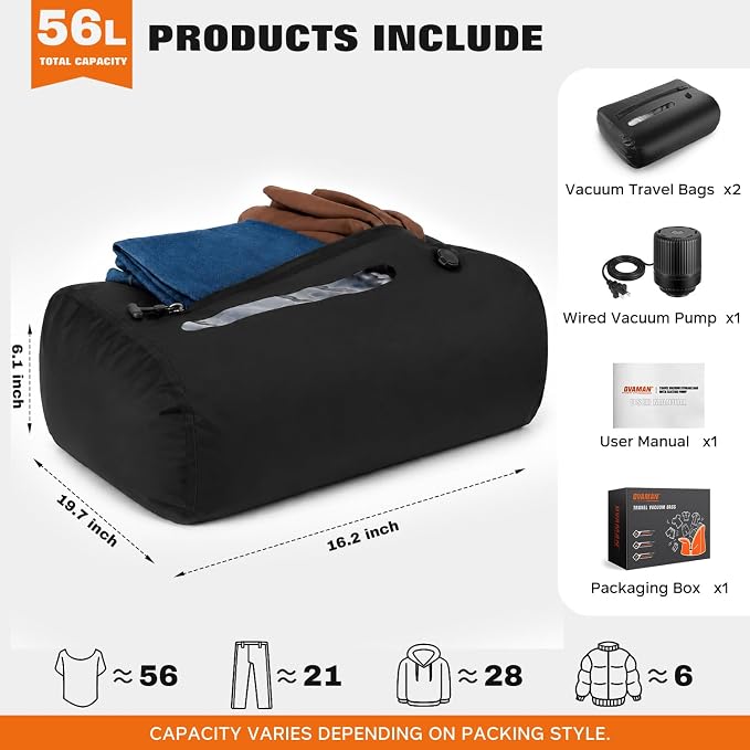 Vacuum Travel Bags With 5500Pa Wired Pump, Vacuum Luggage Bags for Clothes, Compression Bags for Travel, IP68 Waterproof Space Saver Packing Cubes for Suitcase, Backpack & Home Storage (2 Pack + Pump)