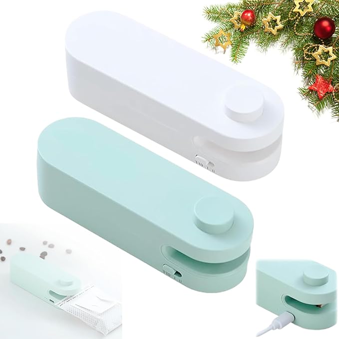New Mini Bag Sealer with Cutter - USB Rechargeable Chip Bag Sealer, Heat Seal Portable Resealer for Snacks & Food Storage (White+Green, 2pcs)