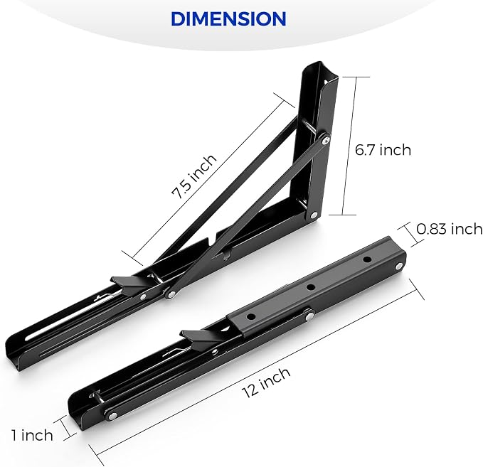 Ravinte Matte Black Folding Shelf Brackets, 12 Inch, 2 Pack | Collapsible Bracket Design, Table And Bench Support, Space-Saving Shelf Setup, For Worktops, Laundry Rooms, Garage Projects
