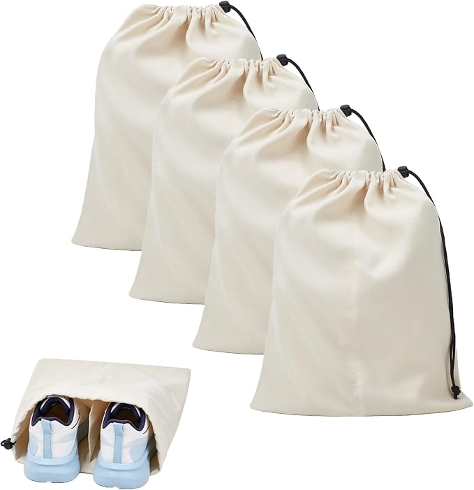 4 Pack Shoe Bags for Travel, Shoes Pouch with Partition Design & Drawstring Closure, Shoe Bags for Storage, Travel Essentials for Men Women (Beige)