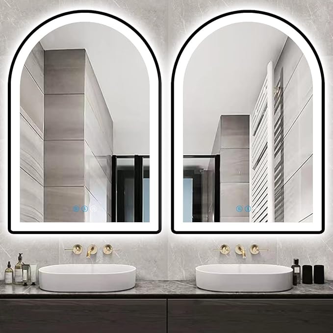 THEKLA 30x20 Inch Black Arch Vanity Mirror with Light Black Frame Arched LED Lighted Mirror for Bathroom Wall AntiFog Memory Dimmable 3 Color Frontlight 30in Black Frame Arch Smart Light up Mirrors