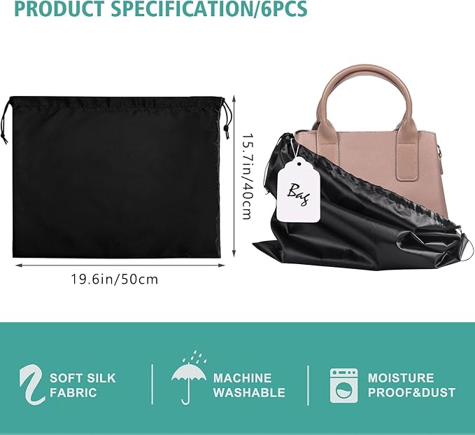 6 Pack Purse Dust Bags Large Silk Drawstring Dust Bag Cover for Handbag Shoe Storage(Black, M-19.6 × 15.7 in)