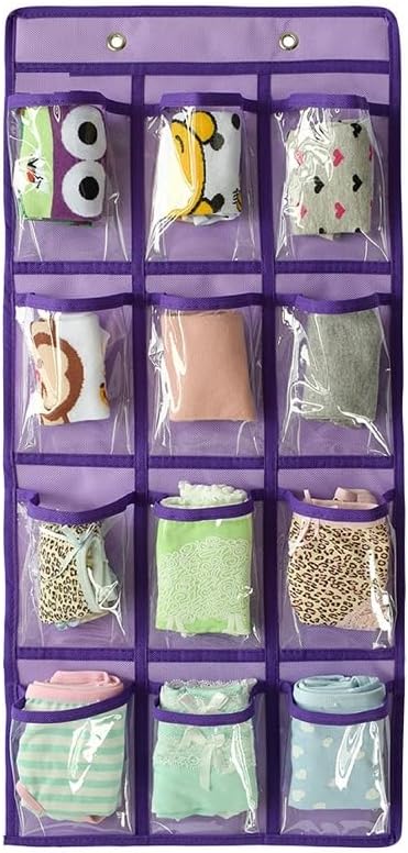 2 Pcs Classroom Pocket Chart Cell Phone Organizer Calculator Holder Over The Door Hanging Storage for Sock Underwear Jewelry with 12 Clear Pockets (Purple)