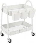 danpinera 2-Tier Rolling Cart, Utility Cart Mobile Metal Rolling Storage Cart with Lockable Wheels & Hanging Cups & Hooks for Kitchen, Bathroom, Office, Workshop, Purple