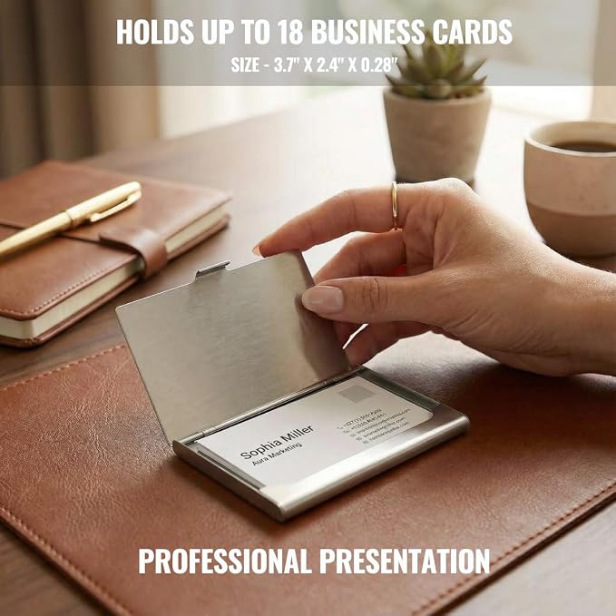 Business Card Holder, for Men and Women, Slim Minimalist Design Case, Stainless Steel Metal, Fits 18 Business Cards in Pocket