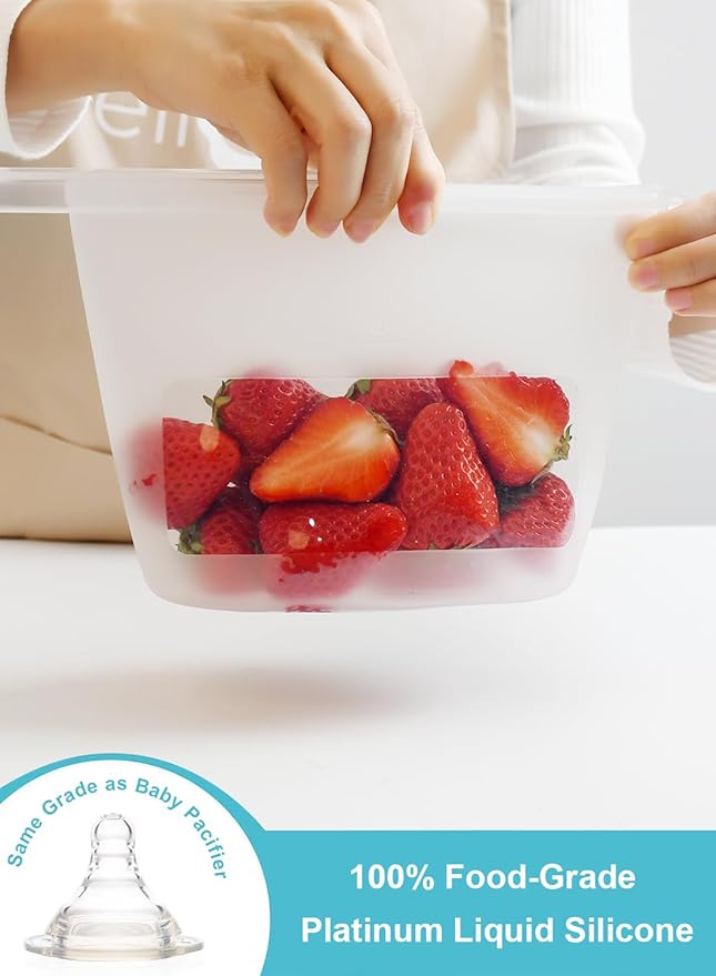 Reusable Silicone Food Storage Bags (Set of 4), Dishwasher Oven Microwave Freezer Safe, Eco-Friendly 100% Platinum, Leakproof Sous Vide Bags, 1 Snack, 2 Sandwich and 1 Half-Gallon, Mint
