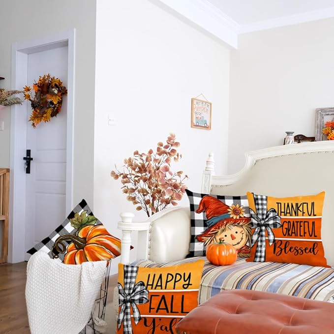 GEEORY Fall Throw Pillow Covers 16x16 Inch Set of 4, Pumpkin Scarecrow Buffalo Plaid Orange Autumn Seasonal Decorative Farmhouse Decoration for Home G563-16