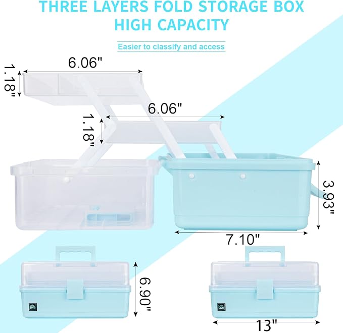 Creahaus 13 inch Art Craft Organizer Storage Box with 3 Layer, Multipurpose Plastic Tool Box with Handle for Sewing, Art Supply, Medicine, Nail, Hair Accessories (Blue)