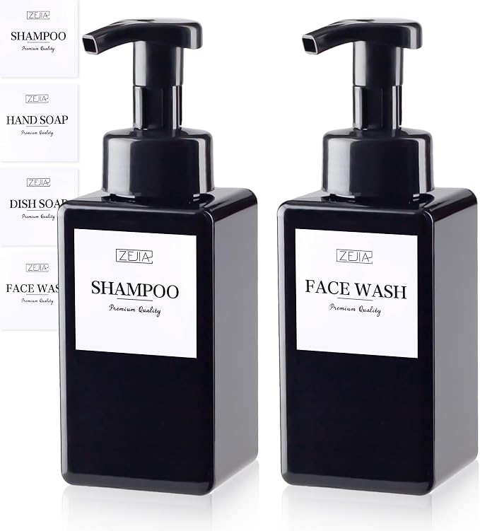 15OZ Foaming Soap Dispenser, 2-Pack Plastic Hand Soap Dispenser, Refillable Leakproof Foam Pump Bottle with Waterproof Labels, for Shampoo, Body Wash