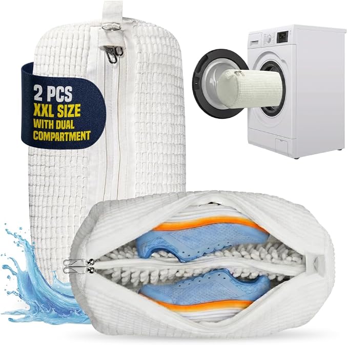 Shoe Washing Bag for Washing Machine, Reusable Shoes Laundry Bag with Zipper Lock, Dual Compartment for Sneakers, Trainers & Kids Shoes (2)