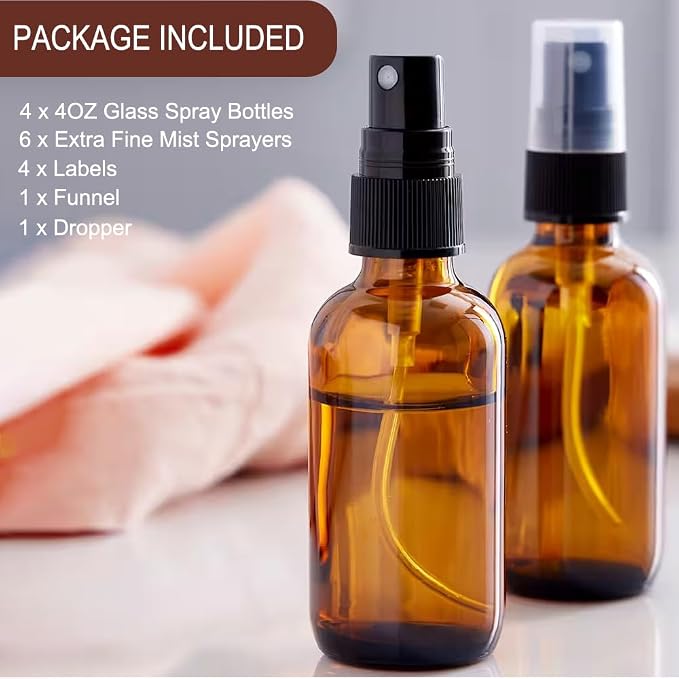 LANBEAUTIFY 4 oz Amber Glass Spray Bottles - Small Empty Fine Mist Spray Bottle for Essential Oil,Face - Mini Dark Spray Bottles with,Included 6 Sprinkler, 1Funnels,1 Droppers, 4 Labels