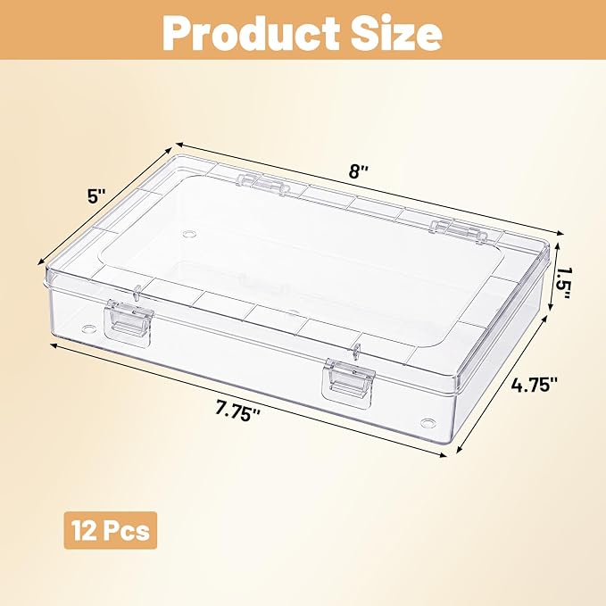 12 Pack Clear Plastic Storage Containers with Lids, 8 x 5 x 1.75 Inch Stackable Hinged Boxes, Empty Organizer for Home Office Craft Supplies, Small Parts Hardware Gadgets