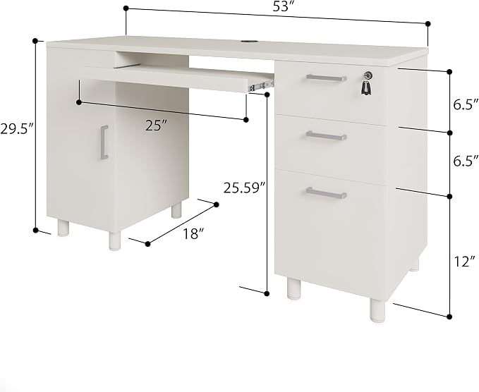 Modern Design Venice Computer Office Desk with 3 Locking Drawers and Storage Cabinet, 53 Inch Home and Office Executive White Desk with Keyboard Tray by Crafts and Comfort