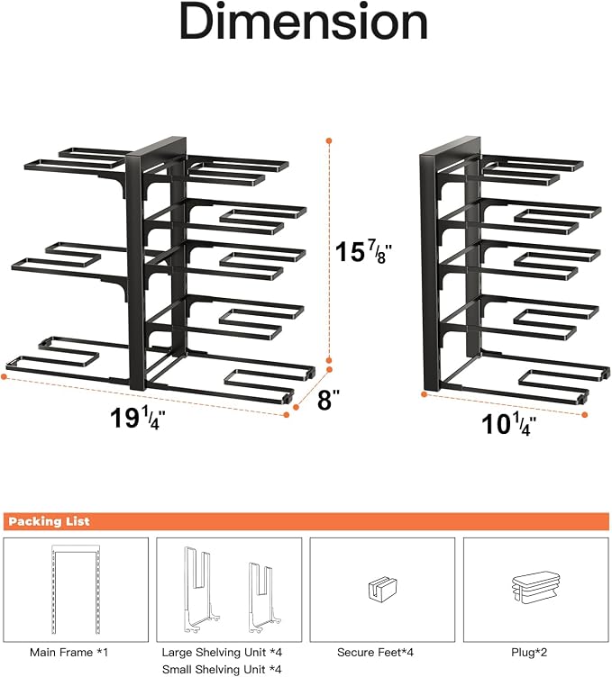 ORDORA Pots and Pans Organizer Rack for Cabinet, 15.83" Height 8-Tier Heavy Duty 120LBS Pot Pan Organizer under Cabinet Adjustable for Dutch Oven, Cast-iron Pan, Heavy Skillets Griddles, Shallow Pot