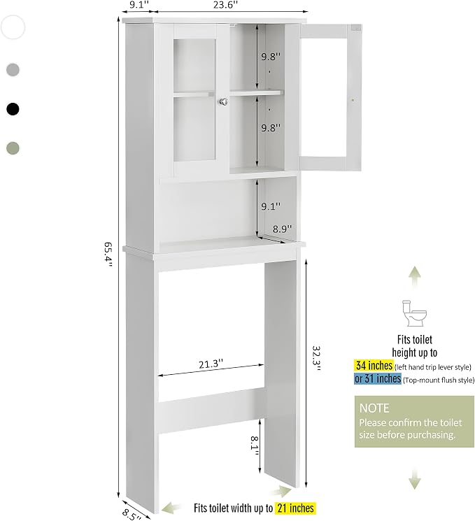 Over The Toilet Storage Cabinet for Bathroom, White Storage Organizer Over Toilet, Space Saver with Tempered Glass Doors, White