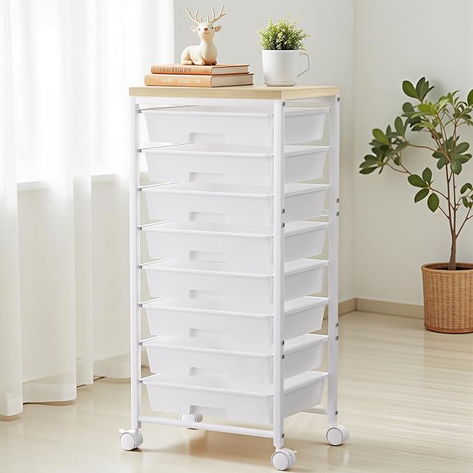 Rolling Cart with 8 Drawers, Plastic Drawer Storage Carts with Wheels & Wooden Tabletop, Metal Utility Cart Organizer for Bedroom Living Room Office Classroom Craft Organization and Storage, White