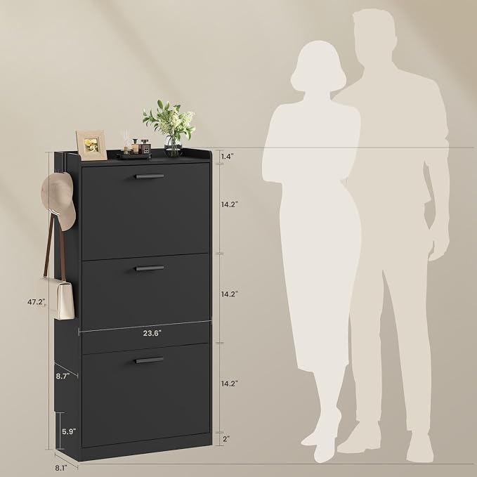 Shoe Cabinet Organizer with 3 Flip Drawers, Freestanding Shoe Storage Cabinet, Adjustable and Removable Dividers, 23.6"W x 8.7"D x 47.2"H Narrow Shoe Rack for Entryway, Foyer, Hallway, Black