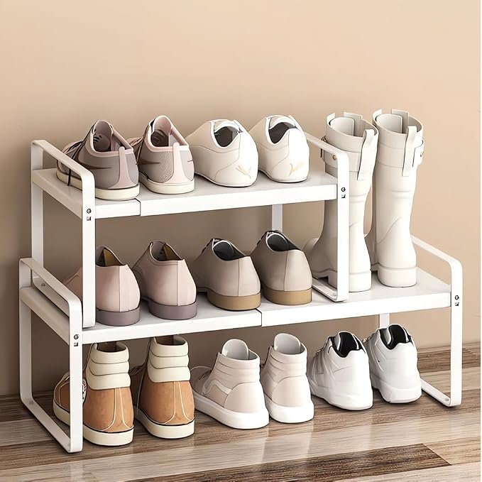 Expandable 1-Tier Metal Shoe Rack (H:7"), Adjustable Width 14.9"–23.6", Heavy-Duty Free-Standing Shoe Shelf for Closet, Entryway & Small Spaces – Single Pack