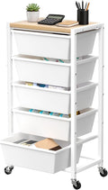 Rolling Cart with 5 Drawers, Plastic Drawer Storage Carts with Wheels & Wooden Tabletop, Metal Utility Cart for Office Bedroom Living Room Classroom, Craft Organization and Storage, White