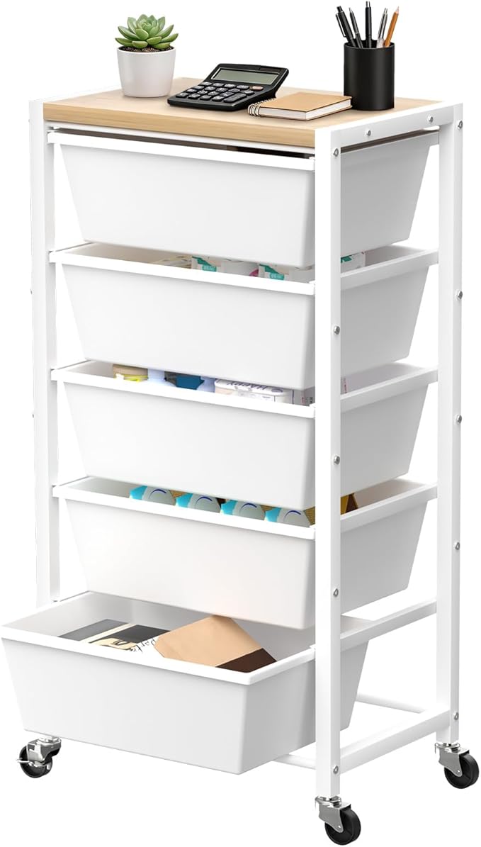 Rolling Cart with 5 Drawers, Plastic Drawer Storage Carts with Wheels & Wooden Tabletop, Metal Utility Cart for Office Bedroom Living Room Classroom, Craft Organization and Storage, White