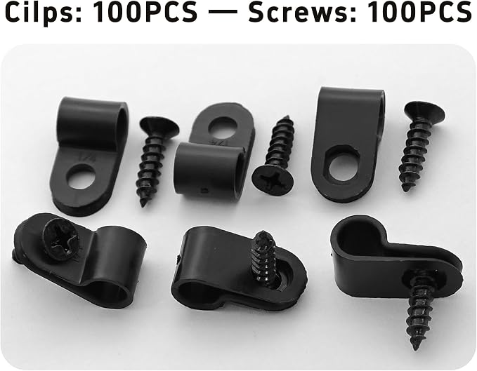 100Pcs R-Type Cable Clips 1/4" Black Nylon Plastic Wire Clamps with Mounting Screws, Cord Fastener Cable Management Organizer for Home Office Electrical Installation