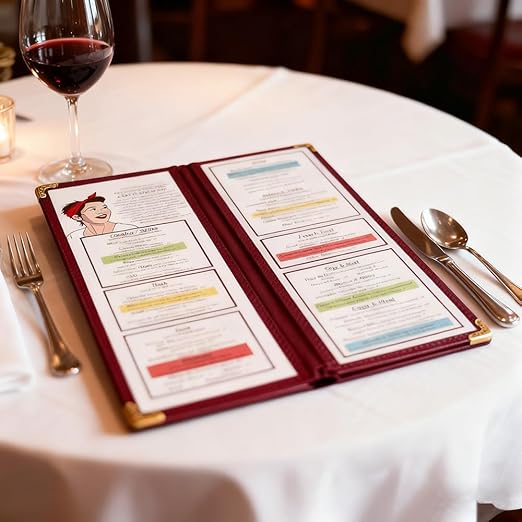 Goodsmart Restaurant Menu Covers - 25 Pack Burgundy 2 Pages / 4 Views 4.25" x 14", Top-Loading Vinyl Menu Holders with Clear Sleeves, Double-Stitched Edge, Leather-Style Café Covers with Gold Corners