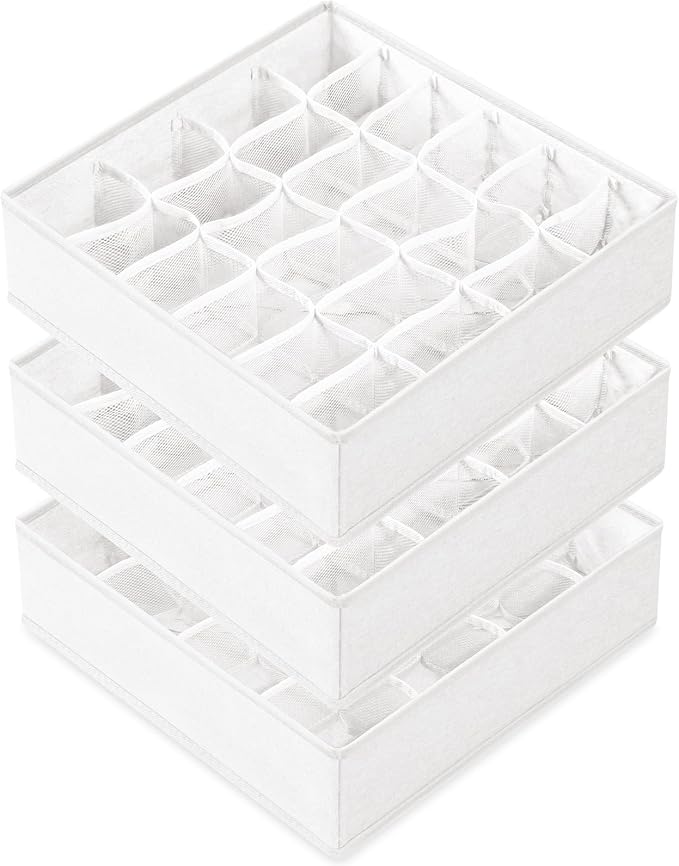 Criusia 3 Pack Sock Underwear Drawer Organizer Dividers, 64 Cell Fabric Foldable Cabinet Closet Organizers and Storage Boxes for Storing Socks, Panties, Ties (16+24+24 Cell, White)