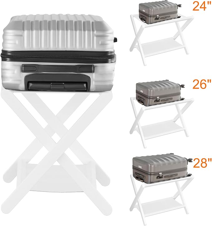 Heybly Luggage Rack, Folding Suitcase Stand with Storage Shelf, Heavy-Duty Luggage Holder for Guest Room Bedroom Hotel, Holds up to 165 lb, White, HLR010W1