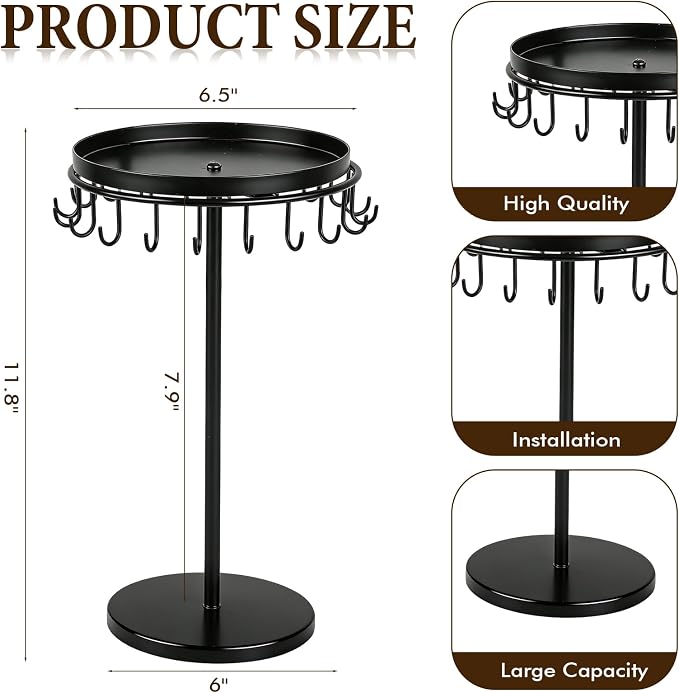 Necklace Holder Metal Jewelry Organizer Stand, Necklace Organizer Hanger with Tray & Hooks for Desk, Jewelry Holder for Necklaces Bracelets and Keychains, Elegant Home Hanging Decor - Black