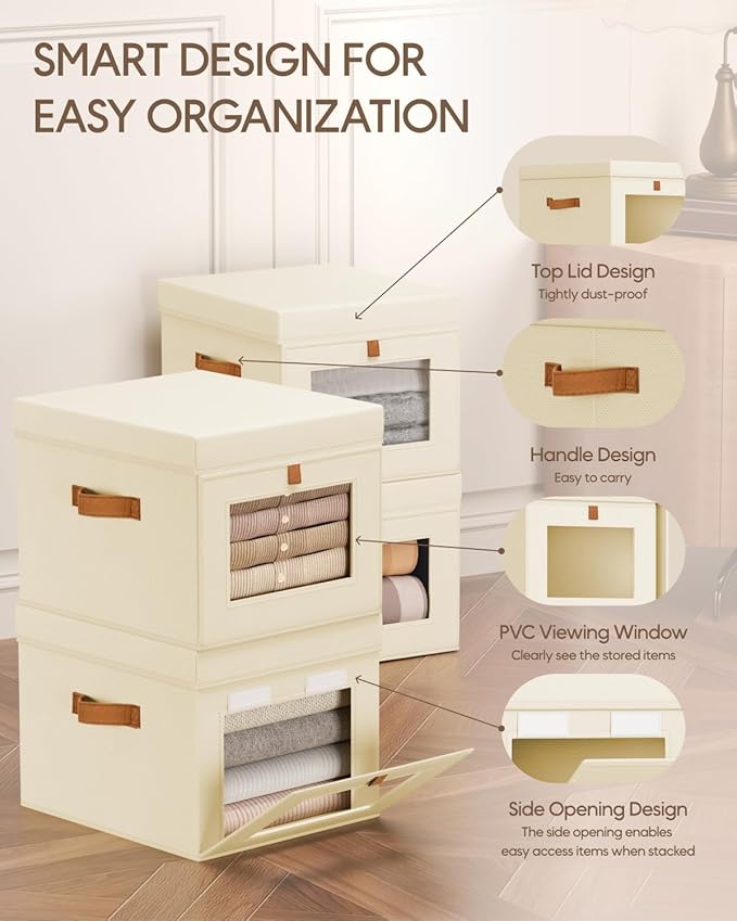 Homsorout Storage Bins with Lid – Closet Organizer with Side Opening and Clear Window, Foldable Stackable Fabric Basket for Clothes, Home, Office - 13.77" x 11.8" x 9.8", 4 Pack, Beige